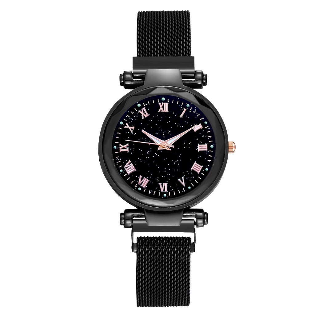 Vrouwen Horloge Luxe Starry Dial Crystal Rvs Mesh Magnetische Riem Dames Quartz Horloge Vrouwen Lichtgevende Handen Horloges: Black