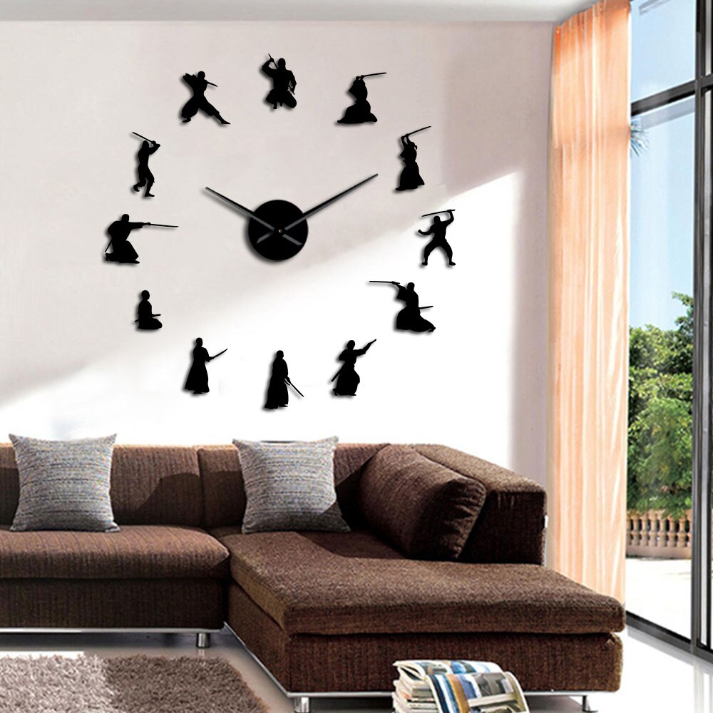Japanse Martial Art Diy Grote Wandklok Fighter Samurai Stille Quartz Acryl Horloge Klok Spiegel Sticker Aziatische Home Decor Art