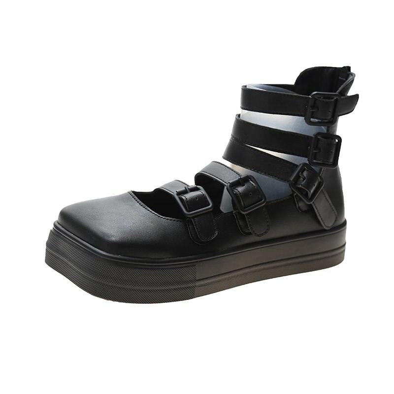 Dam pump gothic skor fotled hög chunky klack plattform punk creepers skor kvinnligt spänne bekvämt: Svart / 38