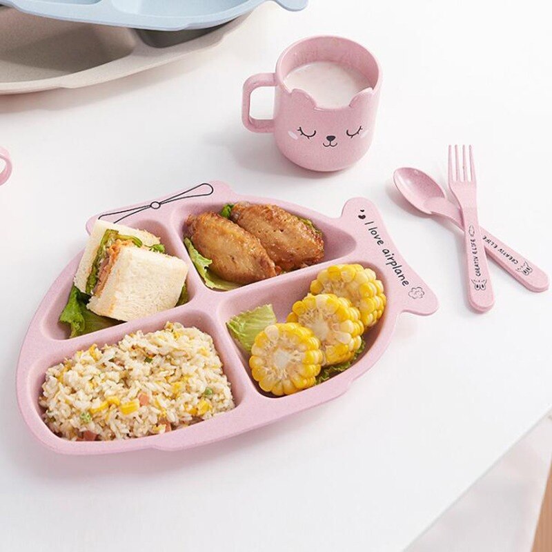Assiette d'alimentation solide en plastique pour enfants, plat à dîner divisé pour enfants, joli hélicoptère de dessin animé, nourriture pour bébé, 4 sections avec cuillère fourchette