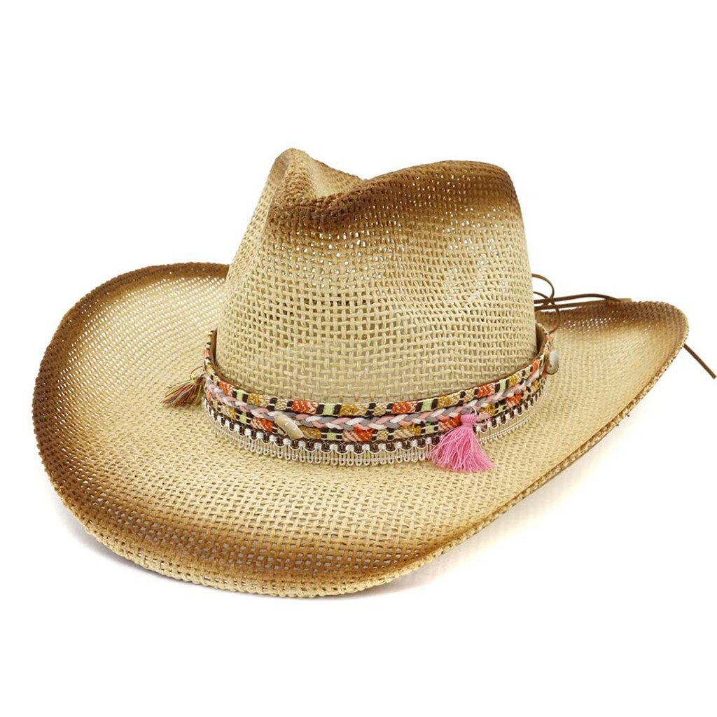 Straw Cowboy Hat Outback Western Mens Womens Cowboy Old West Hat Casual Wide Brim Sun Hat шляпа YL5: Beige 