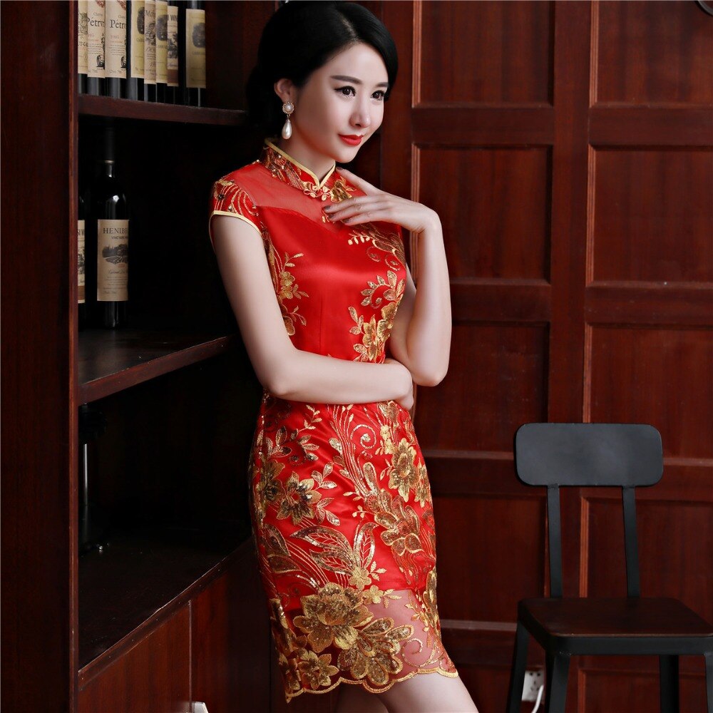 Boda China de encaje qipao rojo bordado tradicional para mujer
