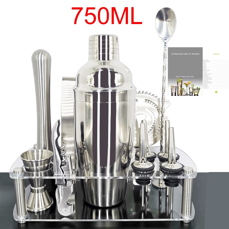 1-13 Pieces Cocktail Shaker Set Bartender Kit Stainless Steel Martini Mixer, Muddler, Spoon, jigger, 4 pourers, Recipes Booklet: 11Pcs 750mlWith Rack
