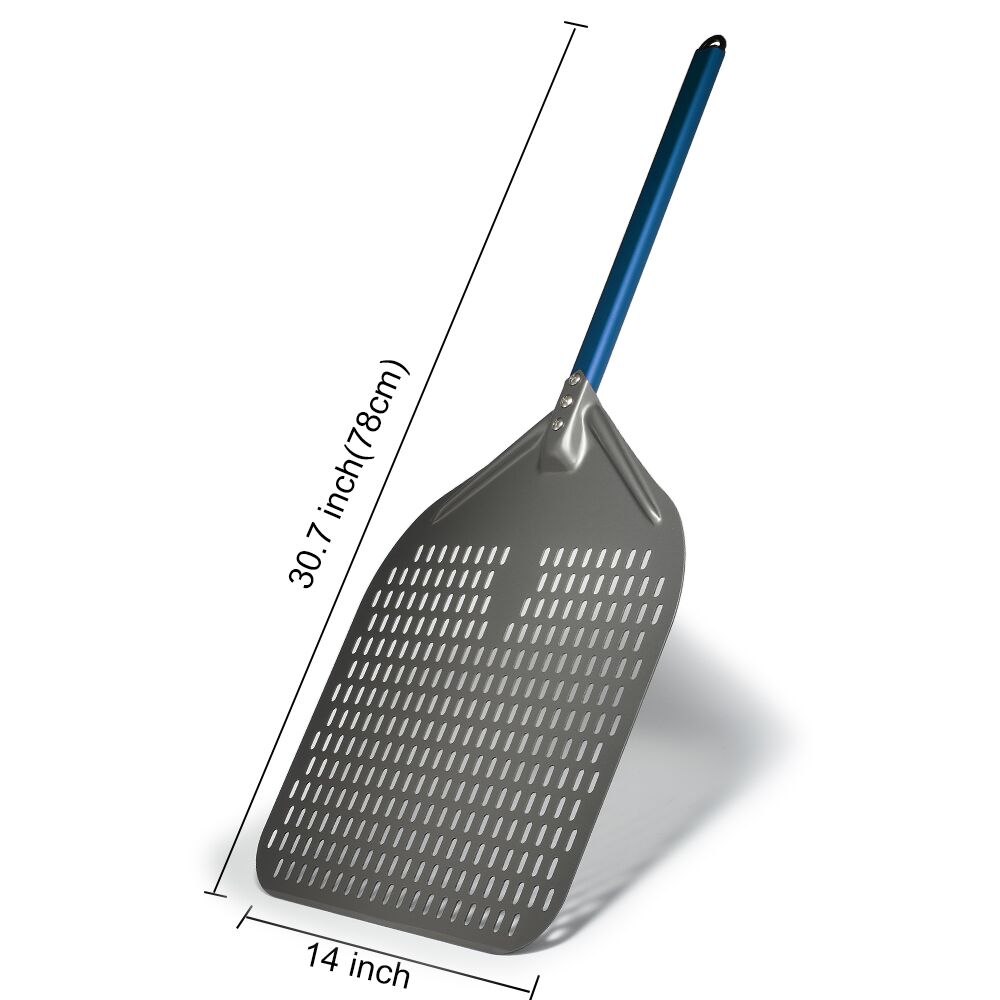 Juego de pala giratoria rectangular para Pizza, pelador de Pizza perforado anodizado duro de 12 ", paleta de cáscara de Pizza de aluminio, mango de silicona de 40cm de largo: TRANSPARENT