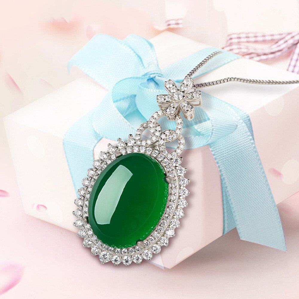 Luxury green jade pendant necklace for women, emerald gemstone, zircon, diamond, white gold, silver color, party jewelry
