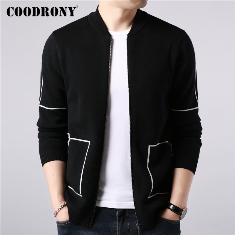 COODRONY Brand Sweater Coat Men Autumn Winter Thick Warm Wool Cardigan Men Streetwear Striped Zipper Coats Pockets 91091: M
