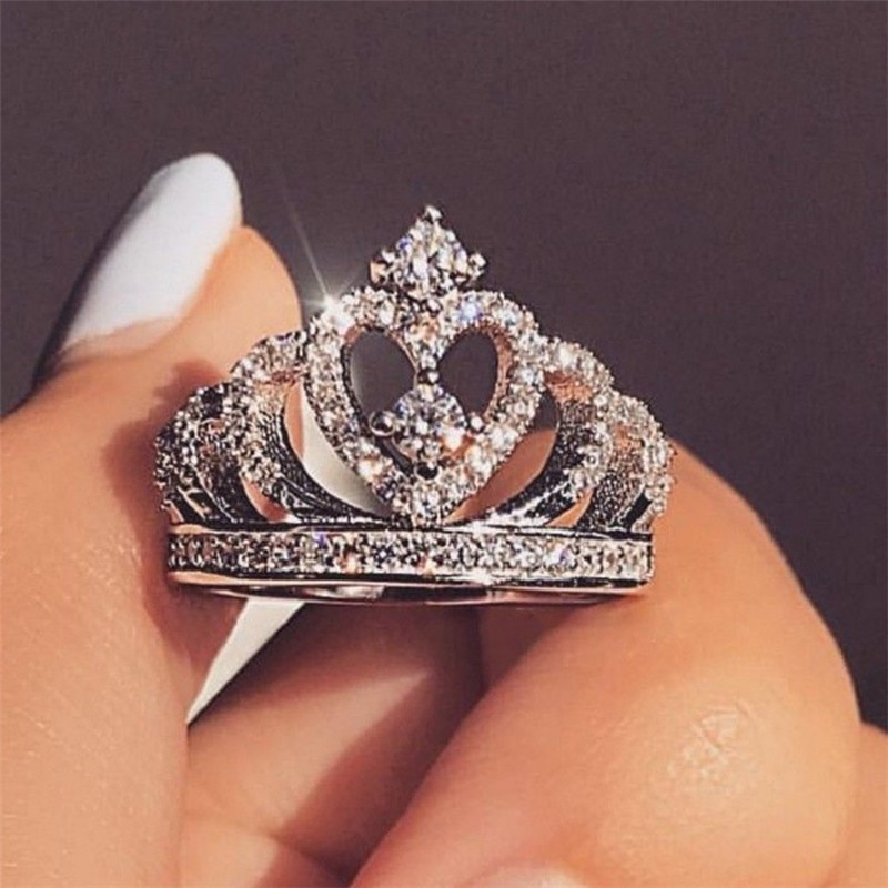 Hartvorm Kroon Ring Vrouwen Zilveren Sieraden Vinger Ringen Voor Vrouwen Rhinestone Volledige Crystal Ring Vrouwelijke Trouwringen Dames