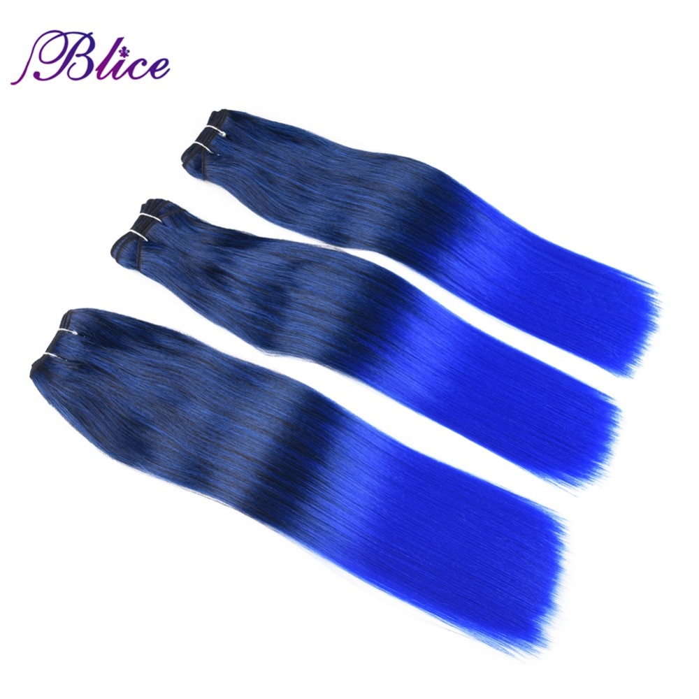 Extension synthétique Yaki mixte # 1B/bleu 18 pouces-Blice | Extensions à coudre lisses, Double trame longue, 100g/pièce, lot de 3 pièces