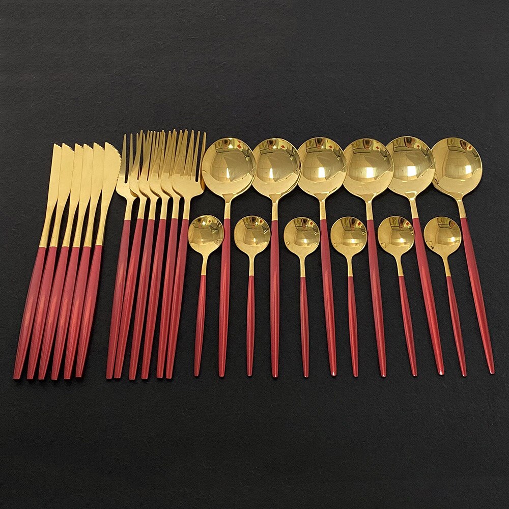 Explosion24Pcs Bunte Geschirr Set Edelstahl Besteck Set Küche Spiegel Gold Geschirr Set Messer Gabel Löffel Geschirr: Red Gold