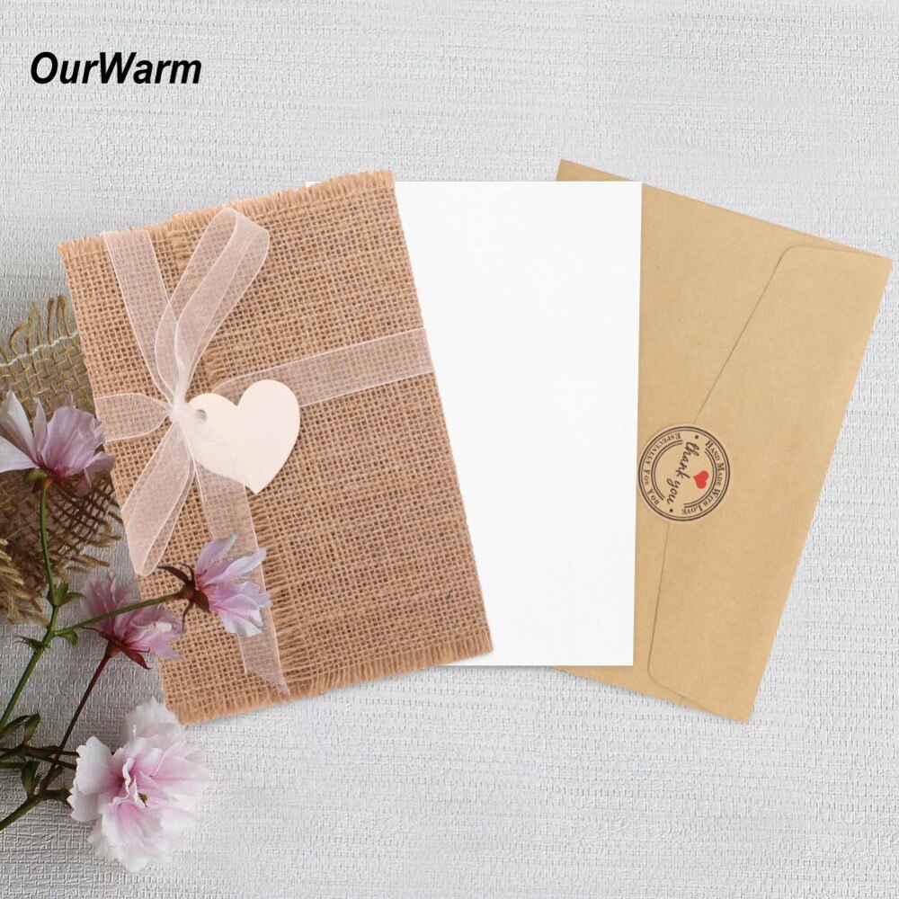 OurWarm 10Pcs DIY Uitnodigingskaarten Lint Envelop Jute Blanco Papier Doop Rustieke Bruiloft Engagement Decoratie