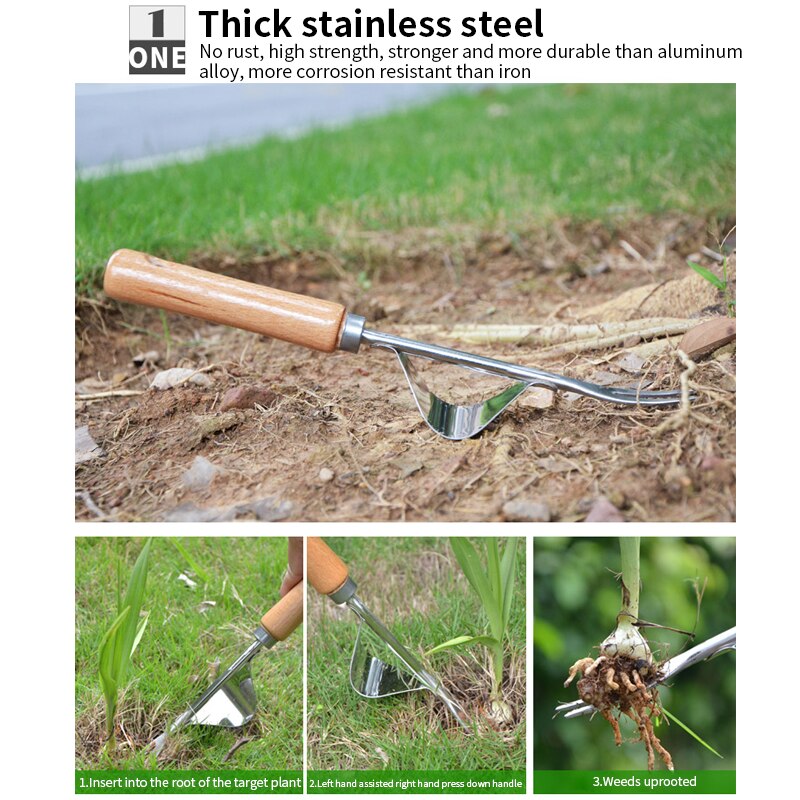 Wood Handle Stainless Steel Garden Weeder Hand Weeding Removal Cutter Dandelion Puller Tool Courtyard Lawn Weeding Handle Shovel