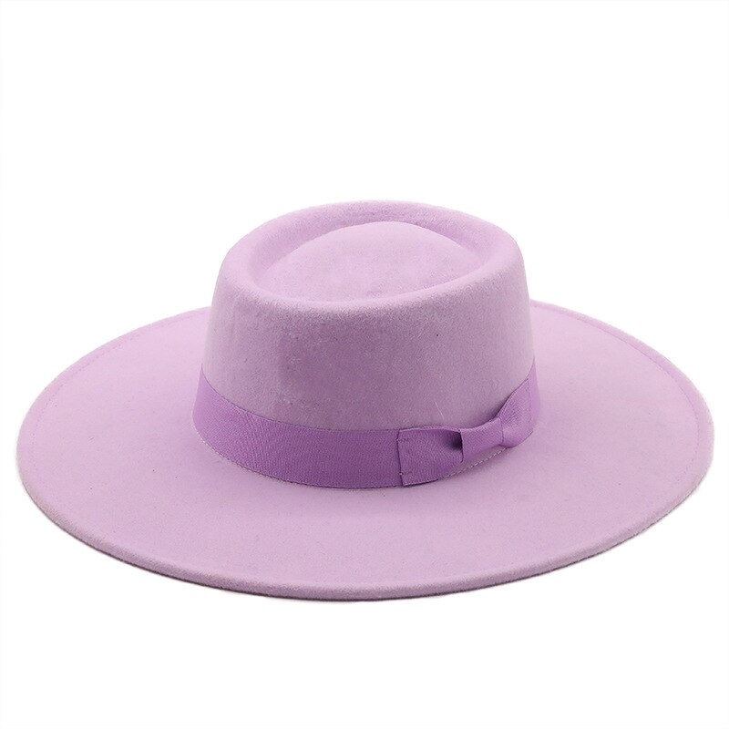 9.5 Cm Wide Brim Plain Black Flat Top Hat Boater Women Wool Fedora Felt Hats with Bowknot Vintage Church Wedding Panama Cap: light purple