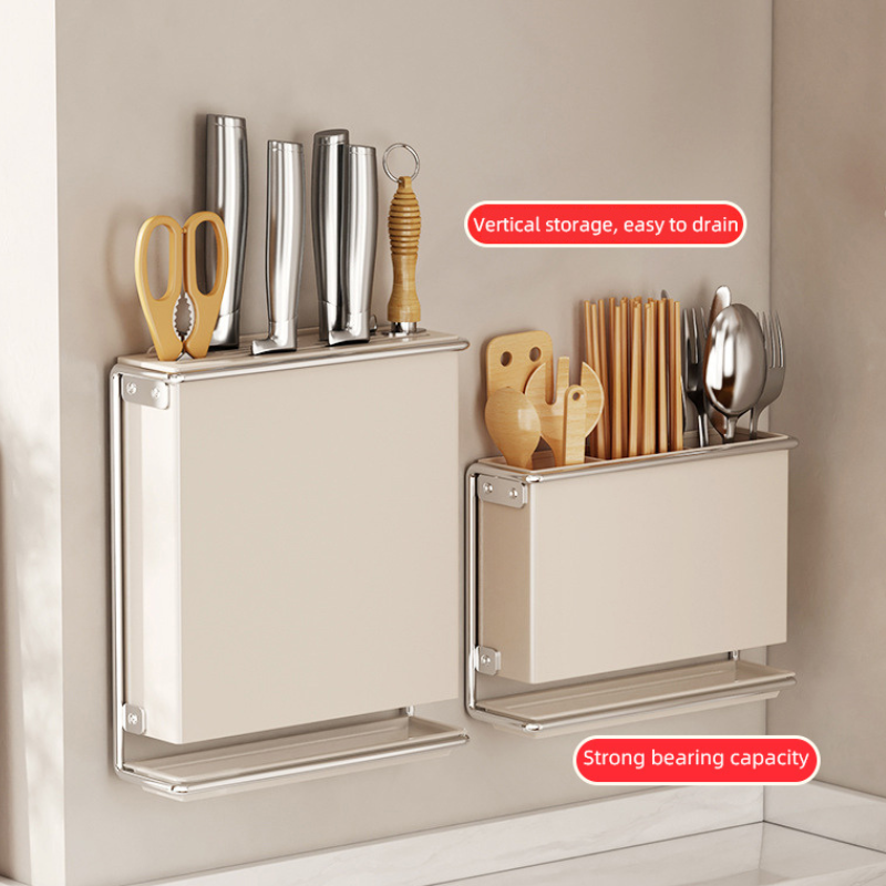 Soporte para cubiertos para encimera de cocina, montado en la pared, sin taladro, cuchillo, organizador de palillos, estante de almacenamiento de drenaje para utensilios de cocina