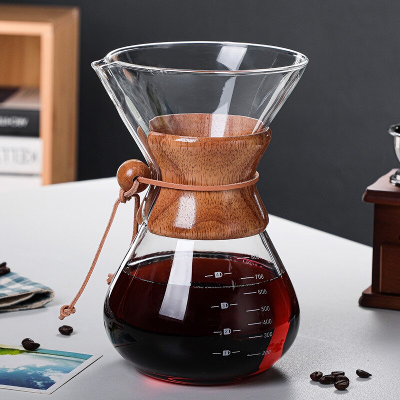 Olla de vidrio para café hecha a mano resistente al calor, juego de filtros para compartir mango de madera, adecuado para el hogar y la Oficina, 400/600/800ML: 800ML