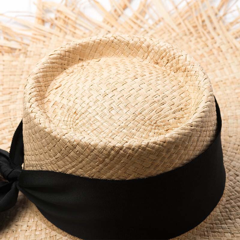 Sombreros Floppy de rafia elegantes para las mujeres negro blanco lazo visera del sol sombreros con flecos ala grande playa gorros con protección UV verano sombrero