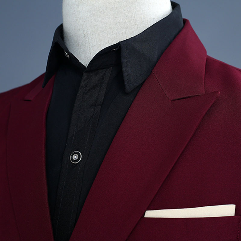 Men's Business Casual Suit Golden Double-Breasted Lapel Wine Red Slim Suit Two Piece Set (Jacket+Pants) Banquet Party Set