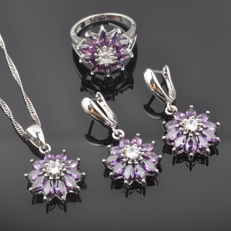 Purple Zirconia Crystal Costume Jewelry Sets Silver Color For Women Wedding Necklace Earring Ring QZ0437