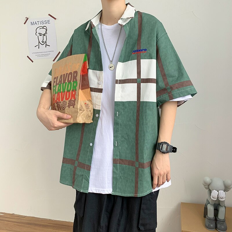 Colorblock Tooling Short-sleeved Shirt Men Korean Business Casual Formal Shirt Harajuku Streetwear Plaid Short-sleeved Shirt