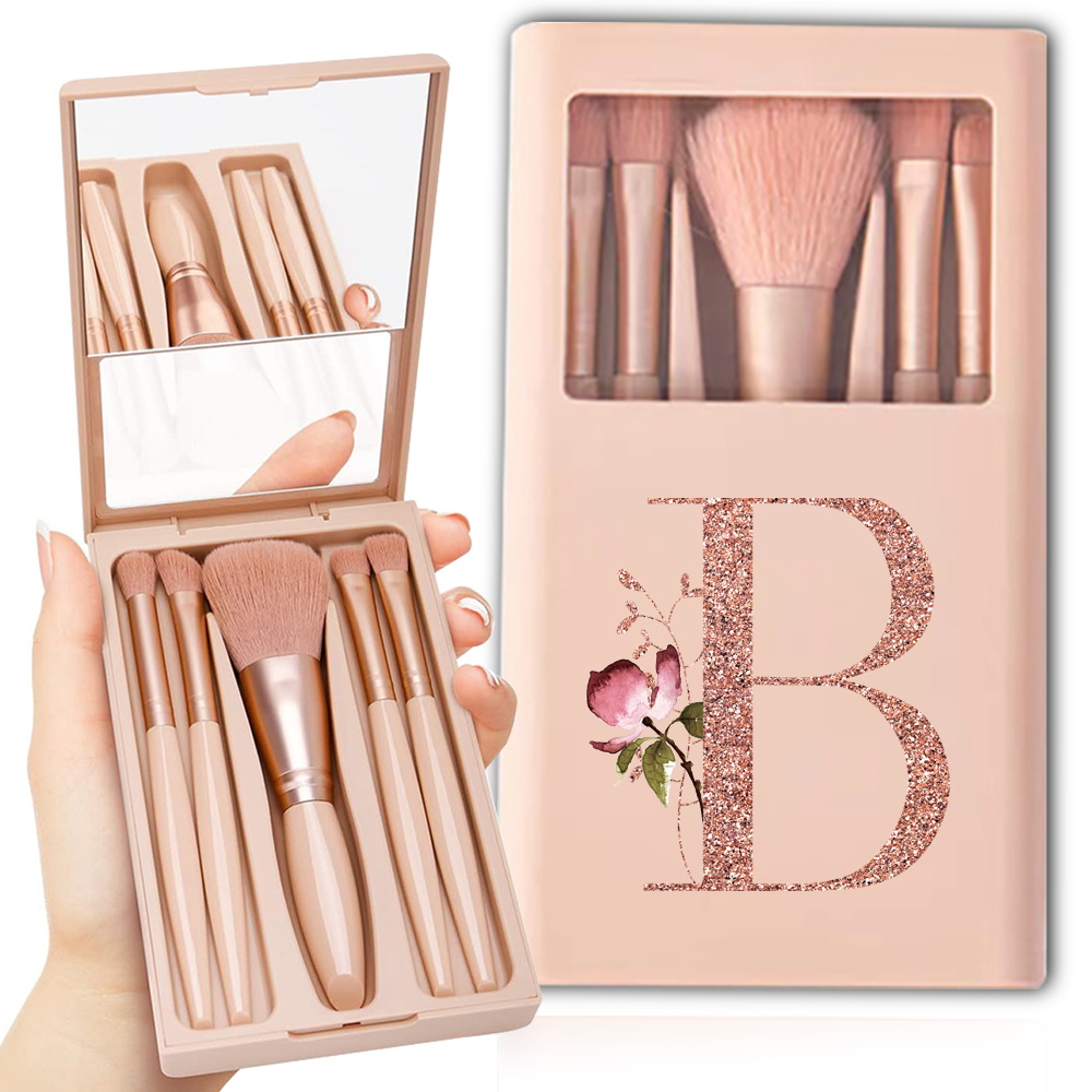 Kit de brochas cosméticas con espejo y estuche, caja plegable, juego de brochas de maquillaje, herramienta de belleza portátil, patrón de letras de oro rosa, 5 uds.: Marfíl