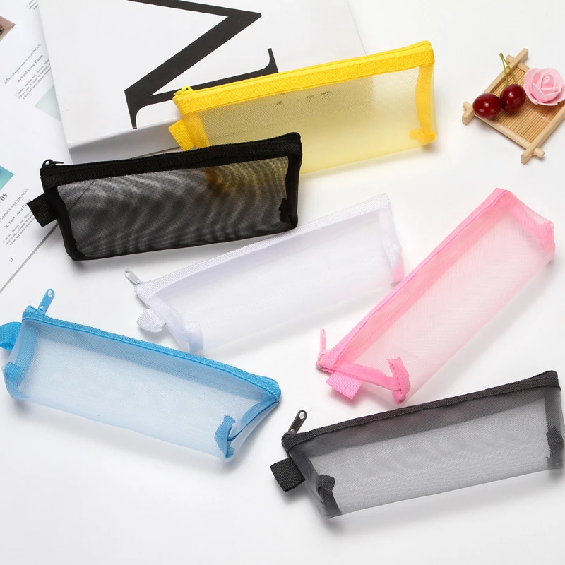 Simple Visible Mesh Makeup Brushes Storage Bag Large Capacity Students Stationery Organizer Bags Colored Nylon Mesh Pencil Case
