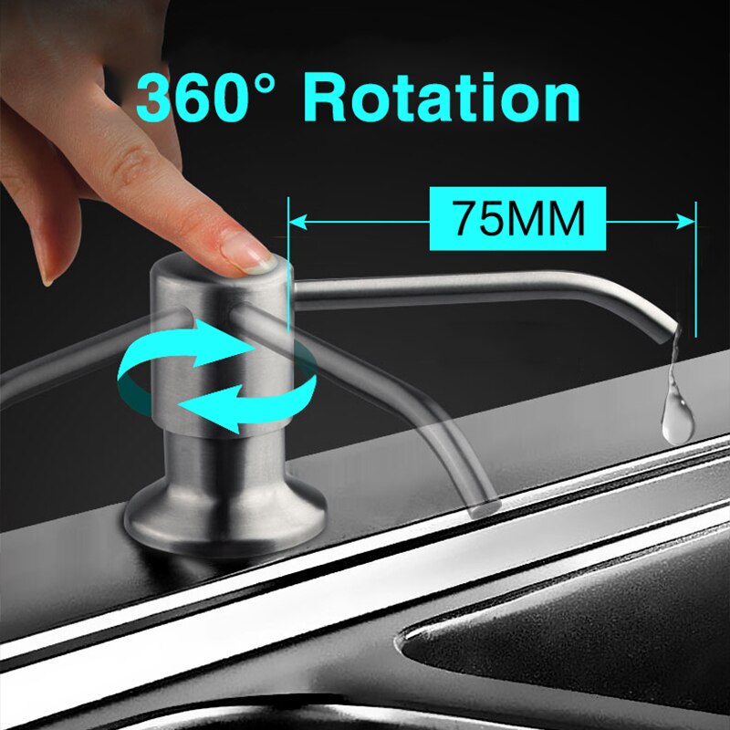 Såpedispenser til kjøkkenvask i rustfritt stål, påfyll ovenfra, innebygd for benk med væske, stor flaske