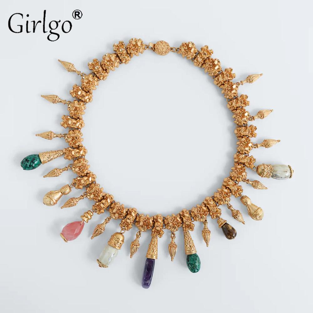 Girlgo Za Necklaces For Women Metal Natural Stone Water Multicolored Statement Wedding Party