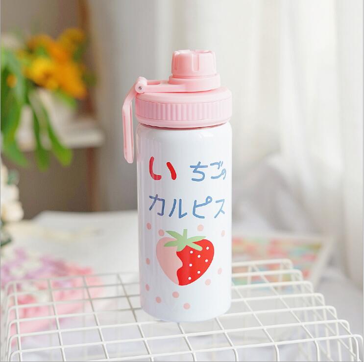 400ML Cute Pink Strawberry Water Bottle Travel Kawaii 304 Stainless Steel Thermos Bottle With Straw Birthday Girl Women: 1