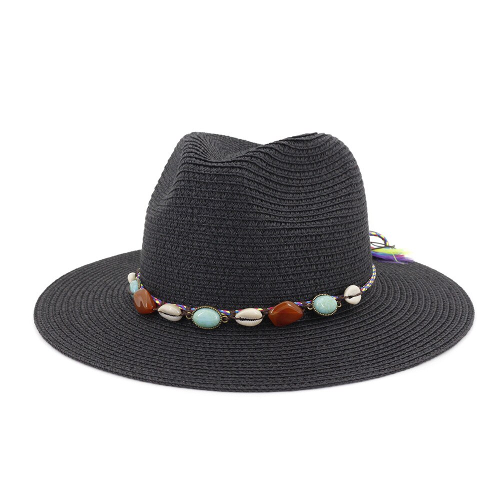 Women's Hat Summer Wide Brim Straw Hats Big Sun Hats UV Protection Panama floppy Beach Hats Ladies hat chapeau femmel Fedoras: Black