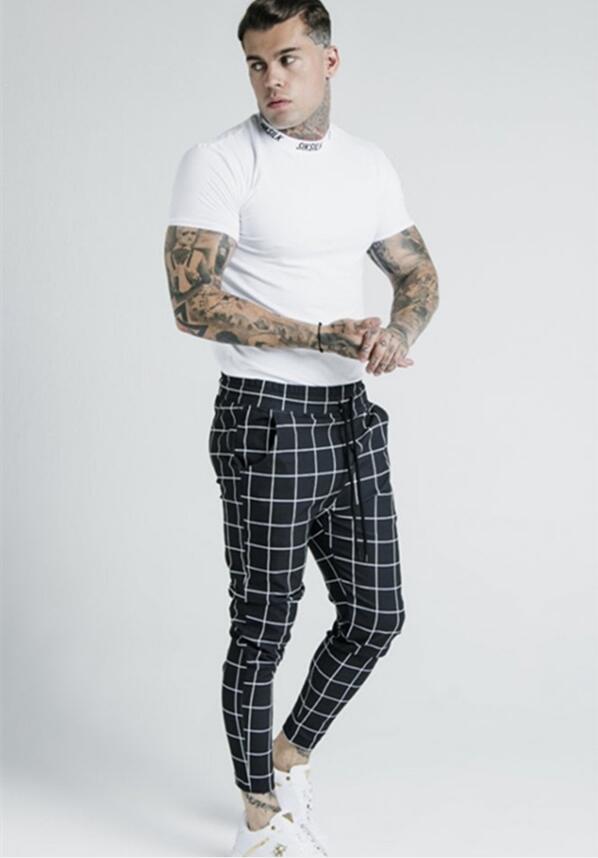 Herr polyester rutig flocktryck avslappnad tunna sik siden sweatpants street hip-hop slimmade byxor