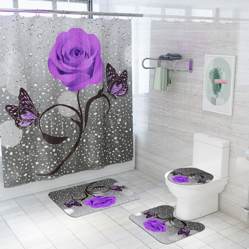 180 x 180cm natuurbloemen waterdichte polyester douchegordijnen badkamergordijnen sets toiletmat antislip badmat set: A 4 stuks