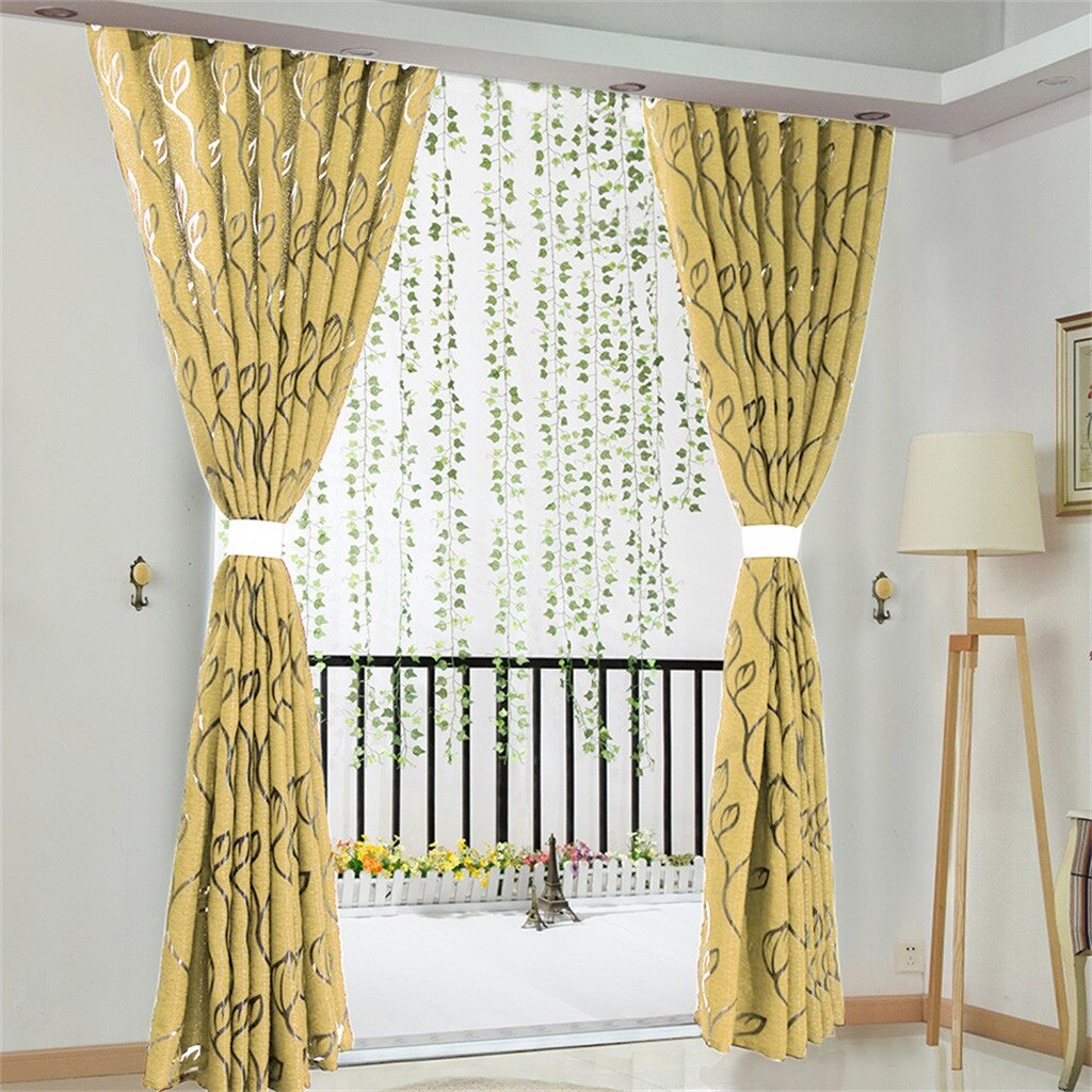 1 Pcs Vines Leaves Tulle Door Window Curtain 100x130cm Drape Panel Sheer Scarf Valances Fly Curtain For Door Beads #LR1: Yellow