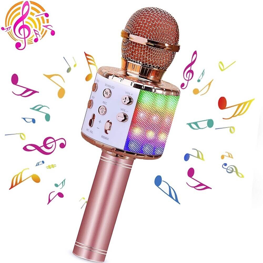 Wireless Bluetooth Karaoke Microphone with LED Lights Handheld Multifunction Speaker Rechargeable Li-Battery Best for Kids: Rose Gold