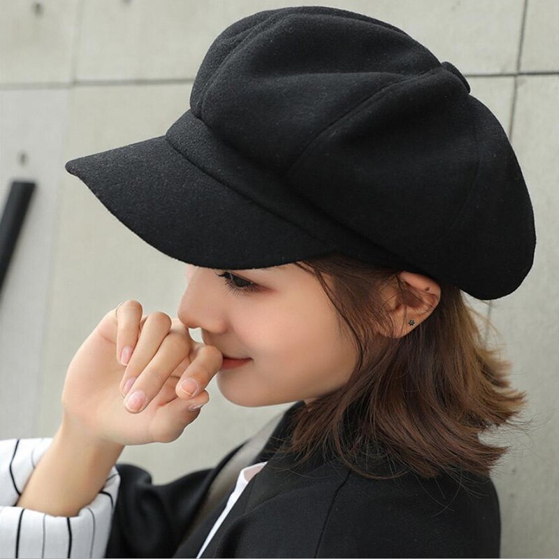 Newsboy-boina de pintor para mujer, gorro retro de estilo británico, color sólido octogonal, gruesa, cálida, visera, Otoño e Invierno