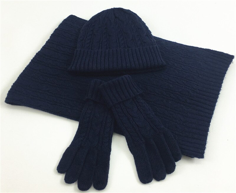 3 pcs Set Winter Knitted Hat Scarf Gloves for Women Beanie Ladies Knitted Scarves Women Winter Clothing Accessories Suit: Navy Blue