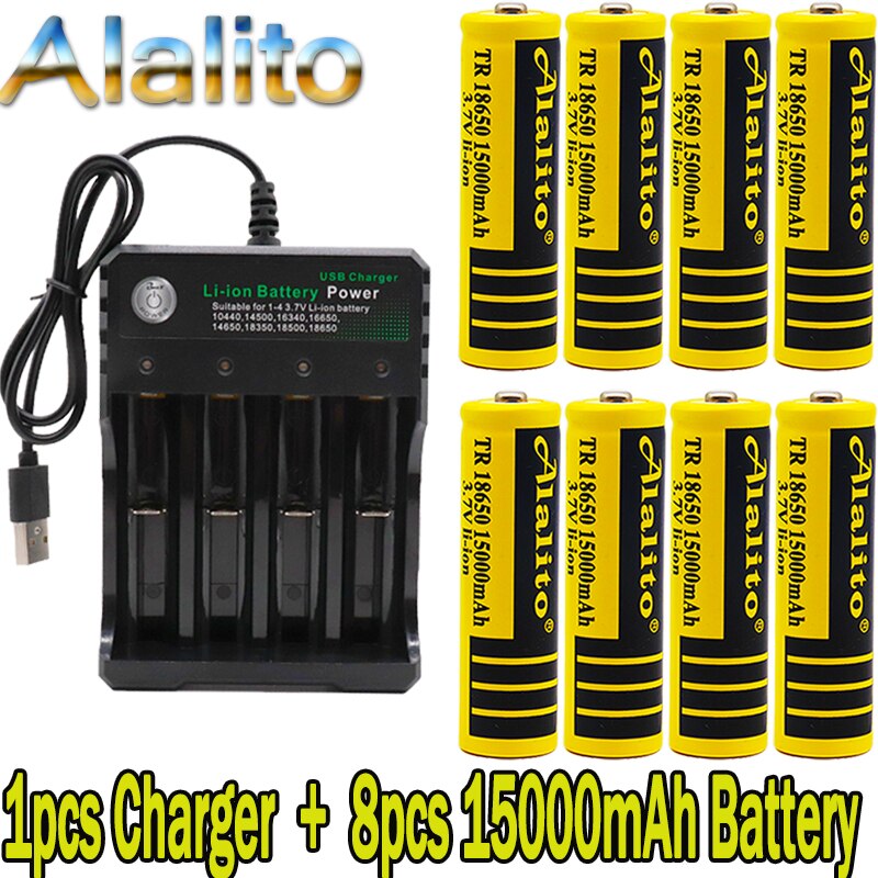 18650 battery 3.7V 15000mAh rechargeable liion battery for Led flashlight battery 18650 battery +USB charger: Yellow