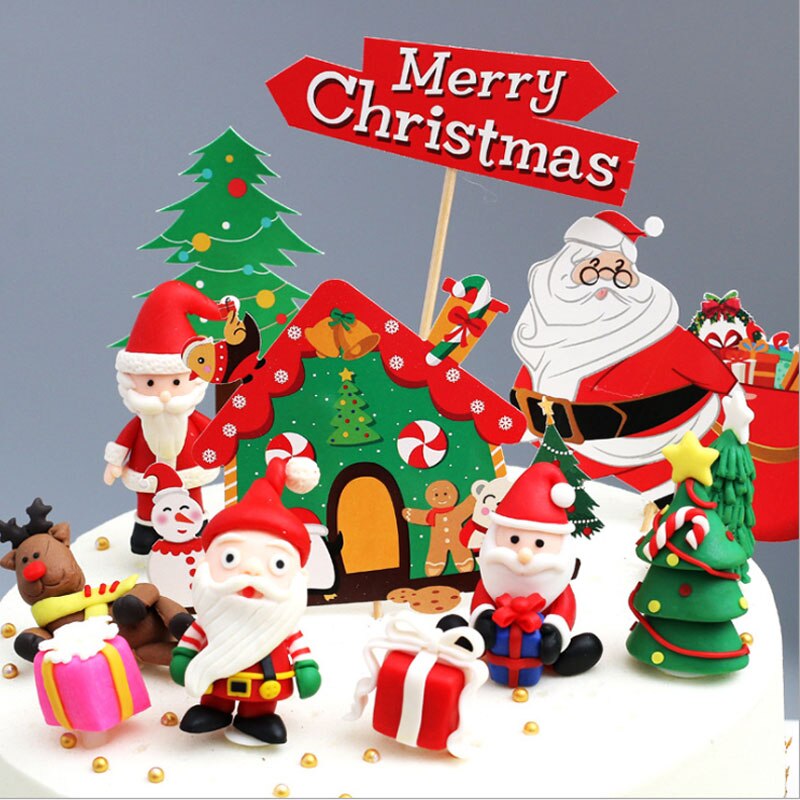 Christams party Cake Toppers Soft clay Christmas cake decoration cake decoration cards and Cake Flags Santa Claus and elk