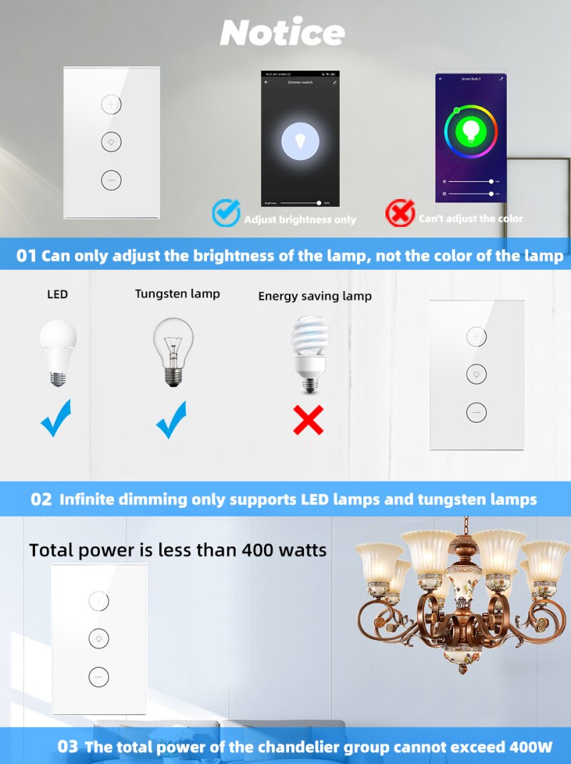 1PC Smart Dimming Switch WiFi Wall Smart Light Touch Glass Panel Work With Google Home and Alexa