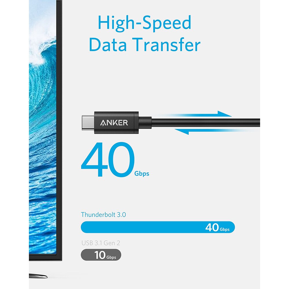 Anker thunderbolt 3.0 kabel usb-c til  c 1.6 ft,40 gbps dataoverførsel, kompatibel med usb 3.1 gen 1/2, perfekt til type-c macbooks