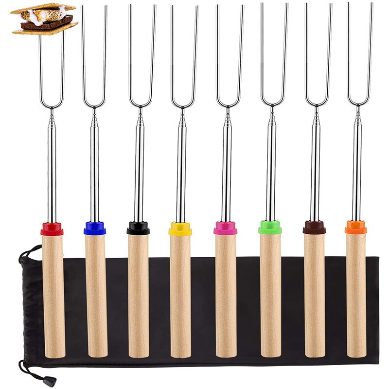 Bâtons de torréfaction à la guimauve brochettes télescopiques à la guimauve et fourchettes à -Dog avec poignée en bois sac de rangement