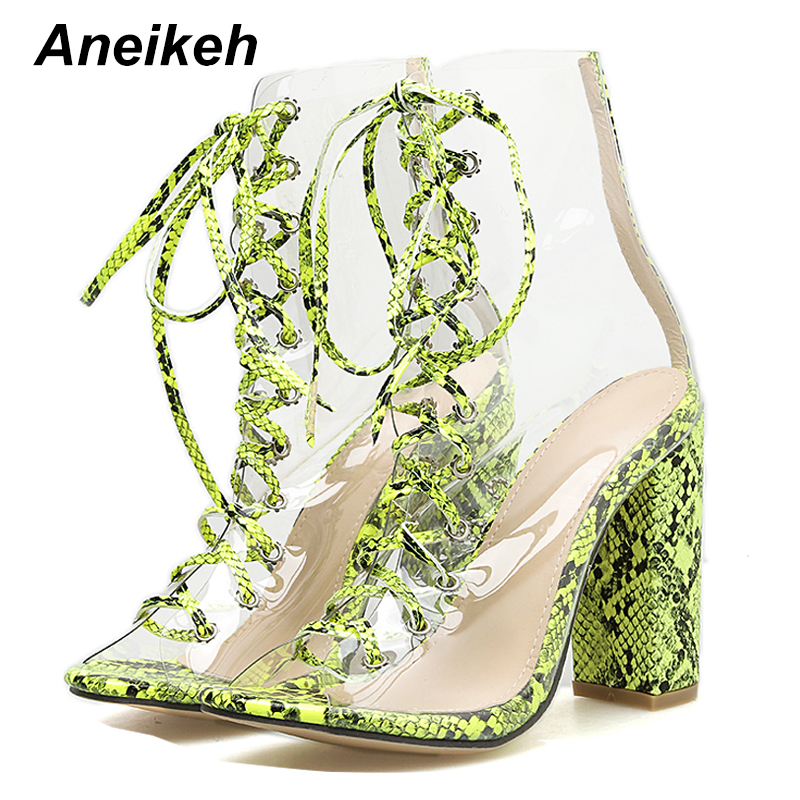 Aneikeh Novelty PVC Vrouwen Laarzen Serpentine Transparante Peep Toe Lace-Up Schoenen Dans Vierkante Hoge Hak Enkel maat 35-42