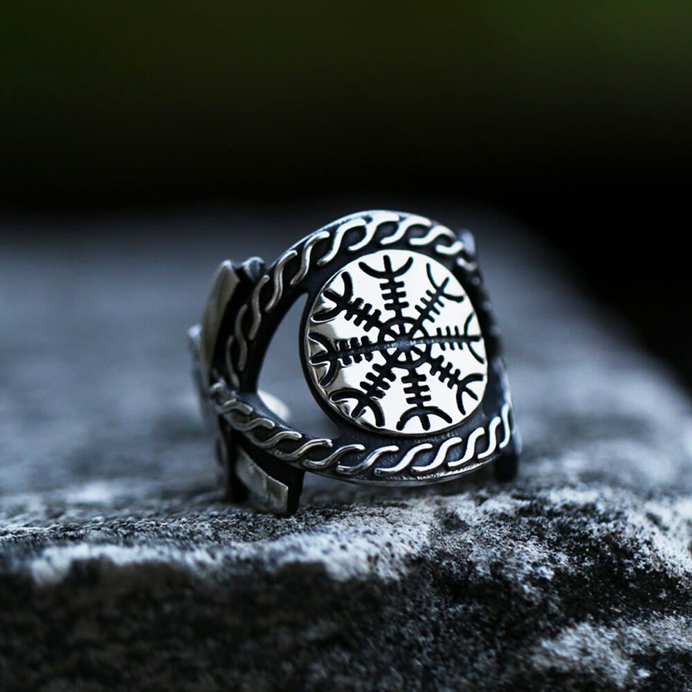 Bague boussole Viking pour hommes, en acier inoxydable, tampon nordique rétro, anneau d&#39;ouverture à la , motard, bijoux ,