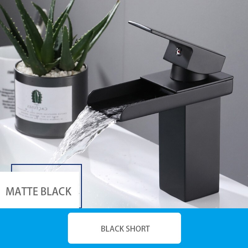 Waterfall Matte Black Deck Mounted Bathroom Basin Mixer Tap Basin Vessel Sink Faucet Cold Water Faucet for Basin Tap: Black Short