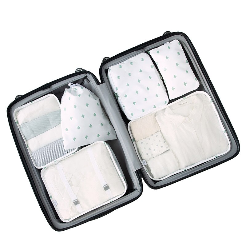 6Pcs/Set Waterproof Travel Bag Suitcase Packing Set Storage Organizer Portable Luggage Organizer Case Clothes Shoe Tidy Pouch: White cactus