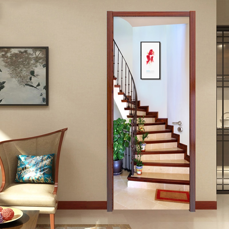 3D Wall Door Sticker Modern Spatial Expansion Stairs Wallpaper PVC Self-Adhesive Waterproof 3D Door Murals Home Decals