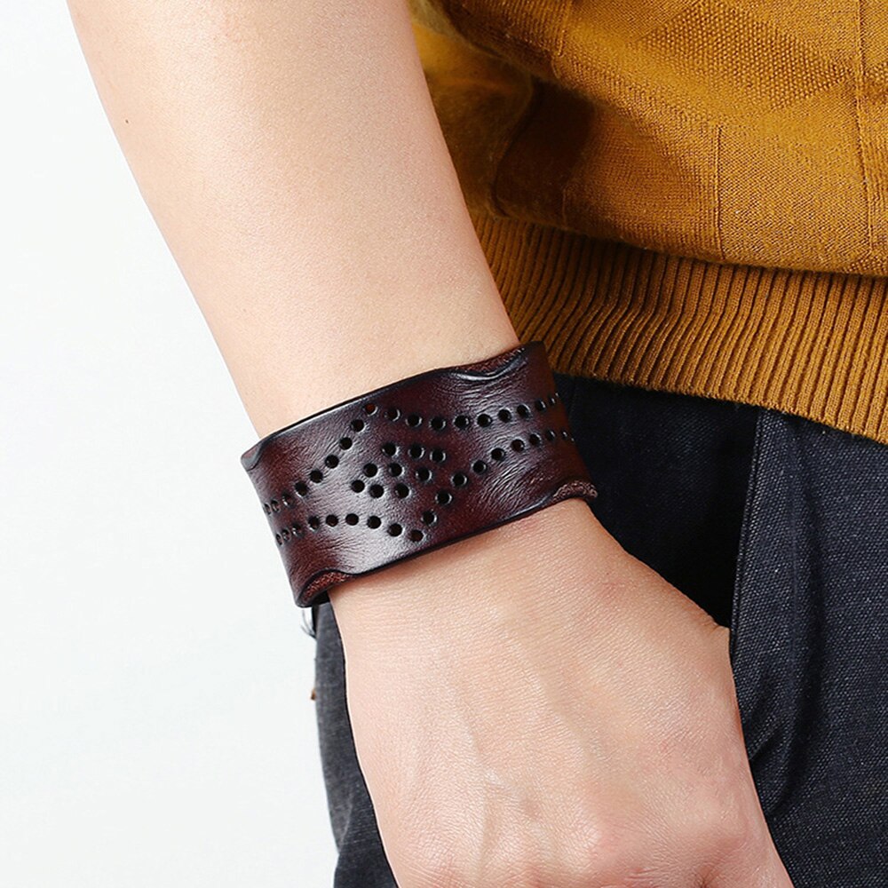 Europe et états-unis rétro large en cuir creux bracelets style bohème hommes bijoux directe d'usine