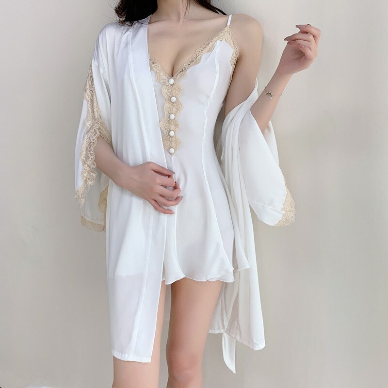 Fiklyc Summer 2PC Robe Gown Sets Mini Nightdress Bathrobes Black Sleepwear Lingerie Nighty Lounge Satin: white set / XL