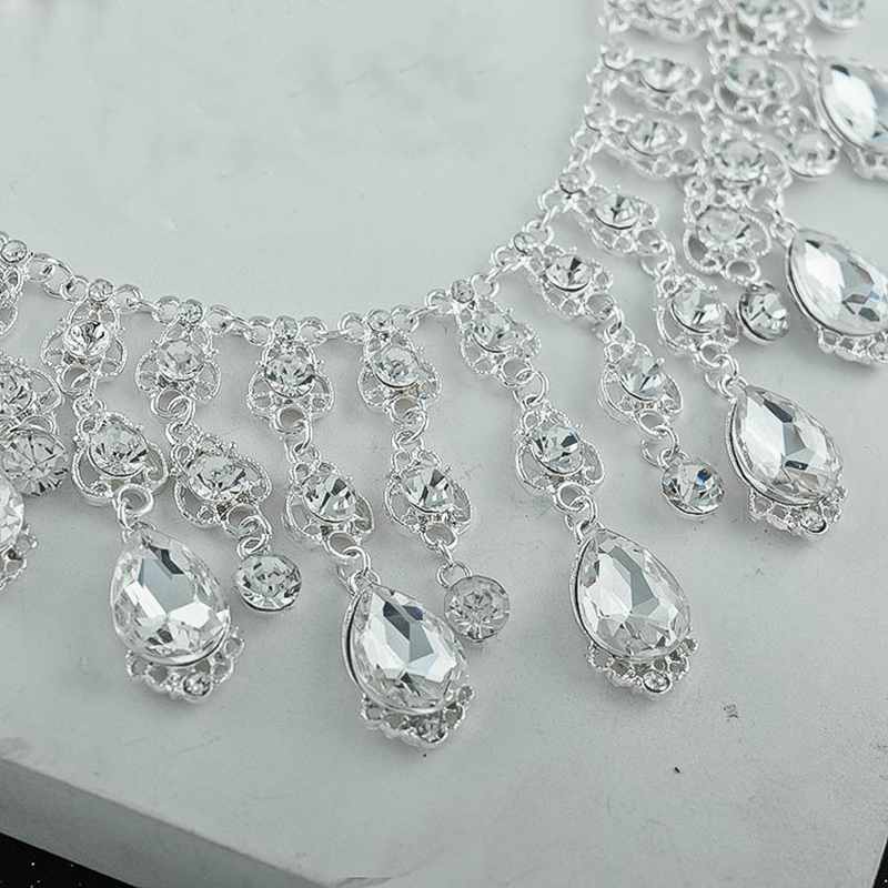 Super Flashing Crystal Jewelry Set White Plating Rhinestone Sparkly Necklace Earring Crown Wedding Dresses Decorations SJT00188