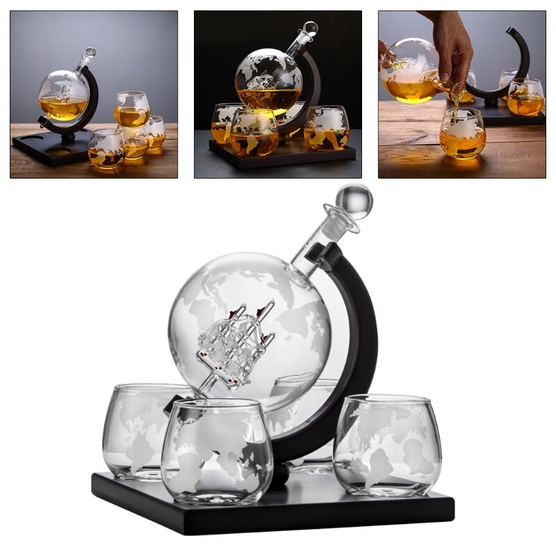 Whiskey Decanter Globe Set Met 4 Geëtst Globe Whisky Bril-Voor Drank, Bourbon, Vodka