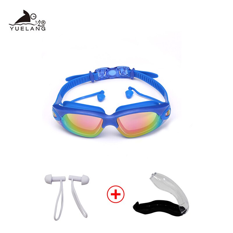 Zwembrillen voor volwassenen, waterdichte brillen, oordopjes, siliconen badmutsen, anti-condens zwembrillen voor in het zwembad, uv-zwembrillen voor in de arena: Blauw