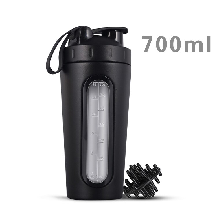 700M/28Oz Roestvrijstalen Shaker Fles Met Garde Bal Wei-eiwit Water Fles Lekvrij Gym Mixer Sport shaker Met Win: Black Shaker Bottles